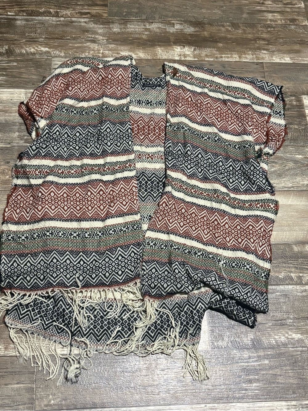 Fringed Knit Cardigan in Rust, Black & Cream